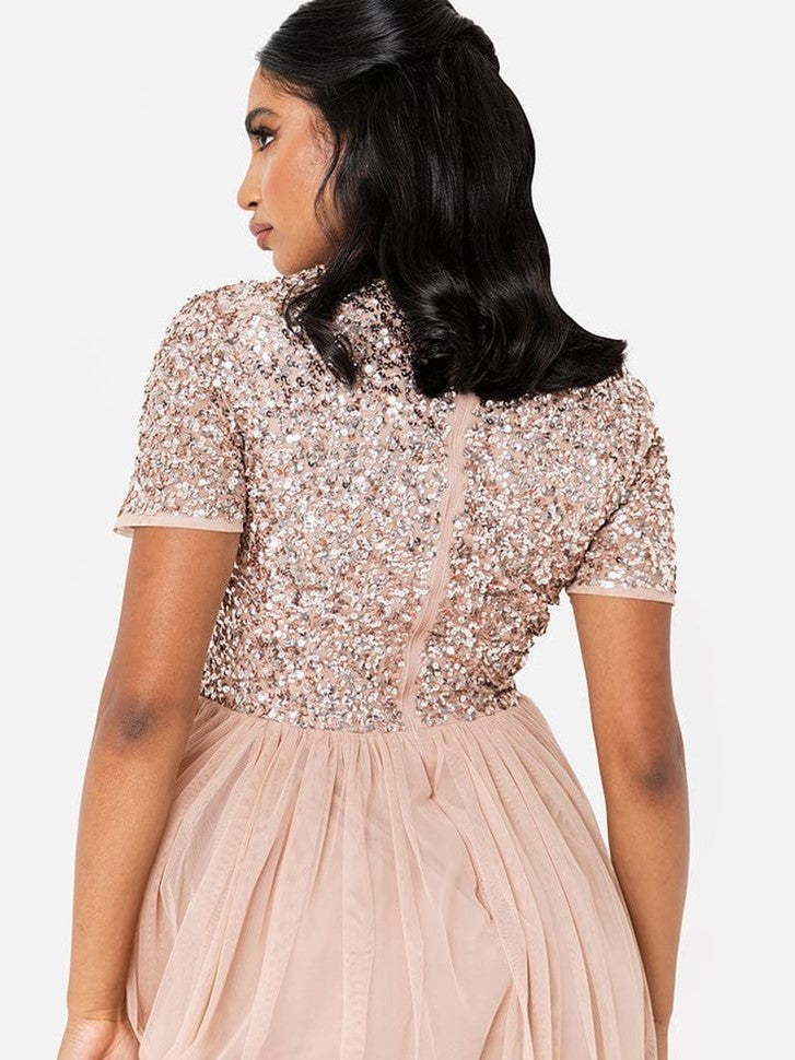 Elegant Blush Pink Sequin Bodice Tulle Maxi Gown for Women | Party & Evening Wear