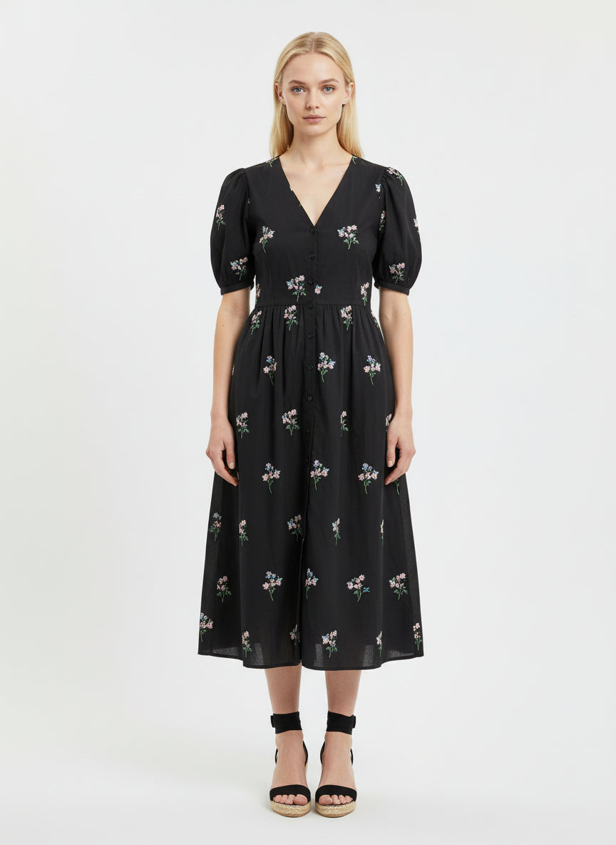 Elegant Black Floral Midi Dress for Women – V-Neck Puff Sleeve Summer Casual Dress