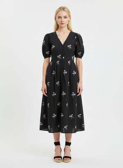 Elegant Black Floral Midi Dress for Women – V-Neck Puff Sleeve Summer Casual Dress