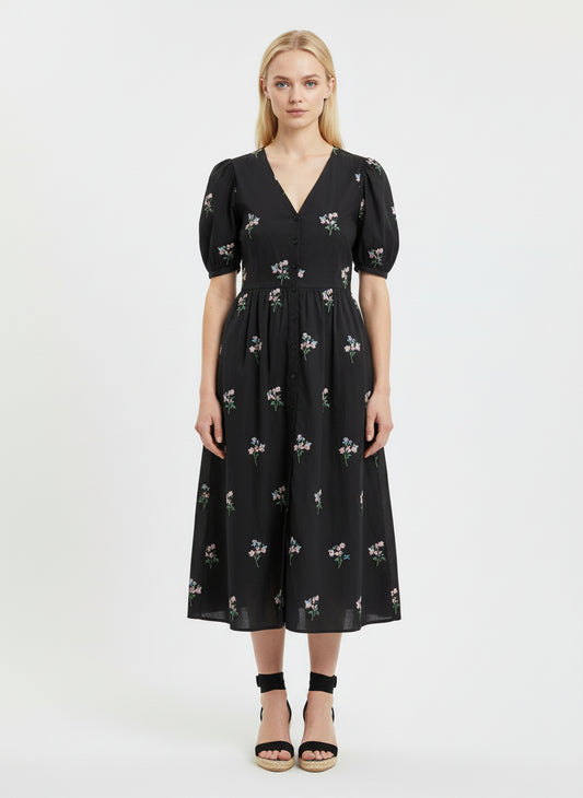 Elegant Black Floral Midi Dress for Women – V-Neck Puff Sleeve Summer Casual Dress