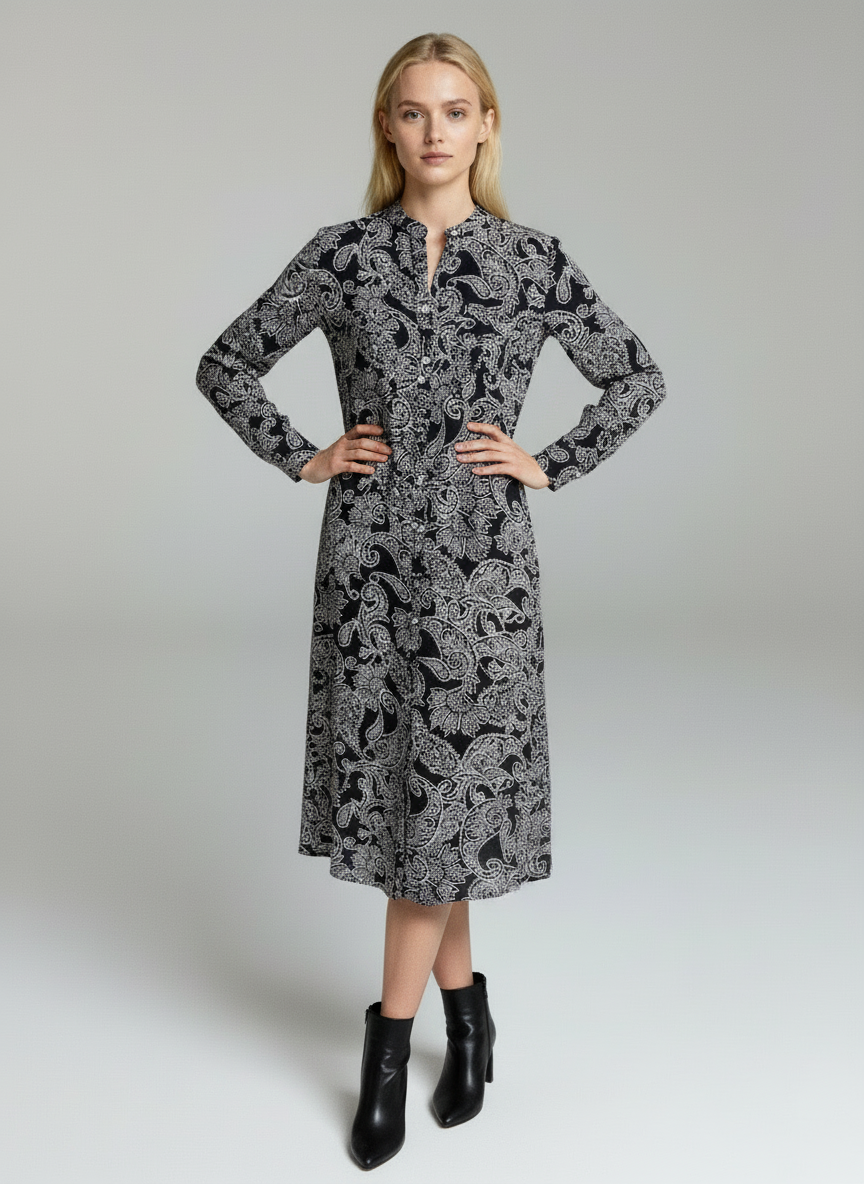 Elegant Black & White Paisley Print Midi Dress for Women – Long Sleeve Designer Dress