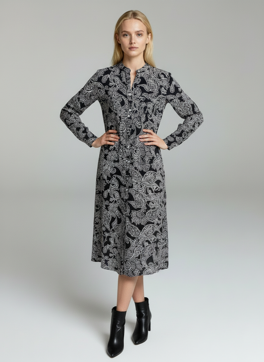 Elegant Black & White Paisley Print Midi Dress for Women – Long Sleeve Designer Dress