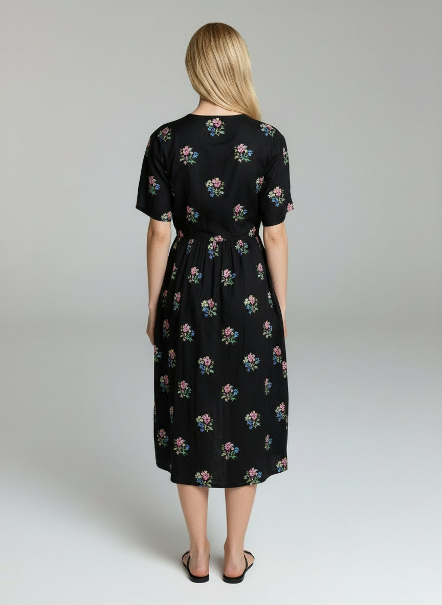 Elegant Black Floral Midi Dress for Women – V-Neck Puff Sleeve Summer Casual Dress