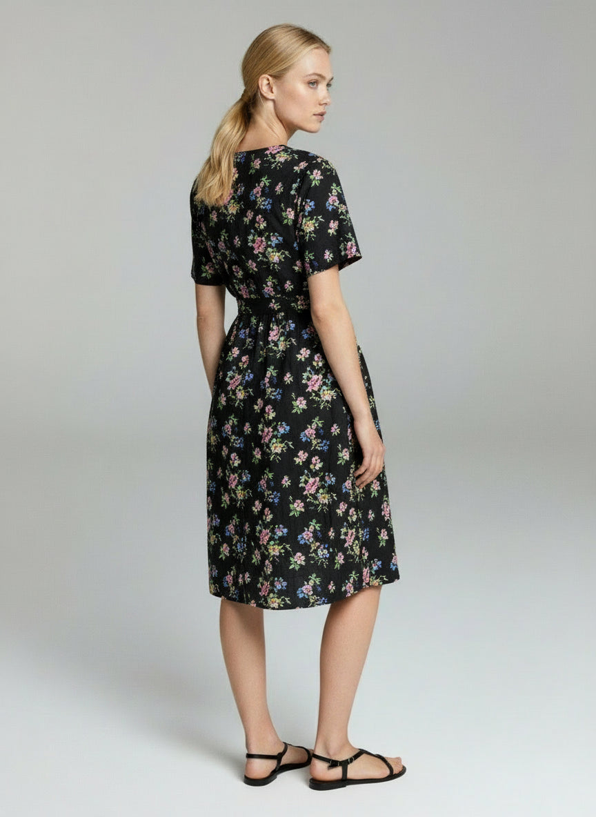 Elegant Black Floral Midi Dress for Women – V-Neck Puff Sleeve Summer Casual Dress