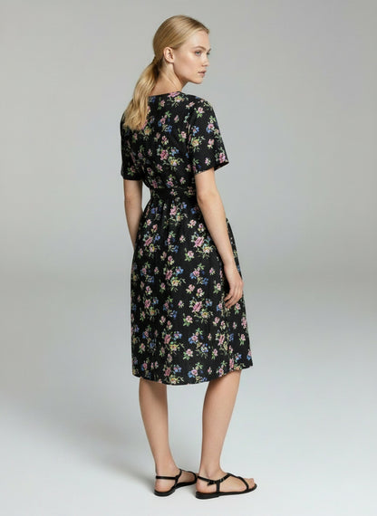 Elegant Black Floral Midi Dress for Women – V-Neck Puff Sleeve Summer Casual Dress