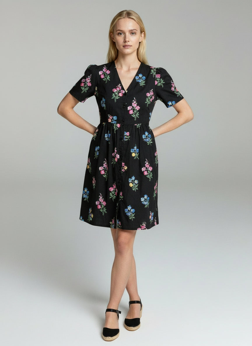 Elegant Black Floral Midi Dress for Women – V-Neck Puff Sleeve Summer Casual Dress