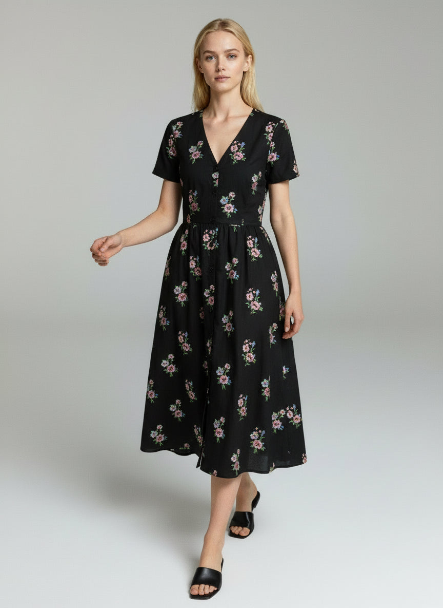 Elegant Black Floral Midi Dress for Women – V-Neck Puff Sleeve Summer Casual Dress