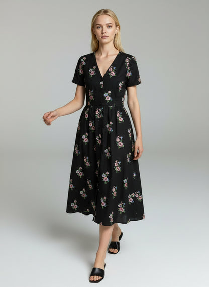 Elegant Black Floral Midi Dress for Women – V-Neck Puff Sleeve Summer Casual Dress