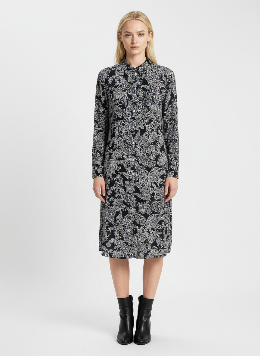 Elegant Black & White Paisley Print Midi Dress for Women – Long Sleeve Designer Dress