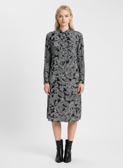 Elegant Black & White Paisley Print Midi Dress for Women – Long Sleeve Designer Dress