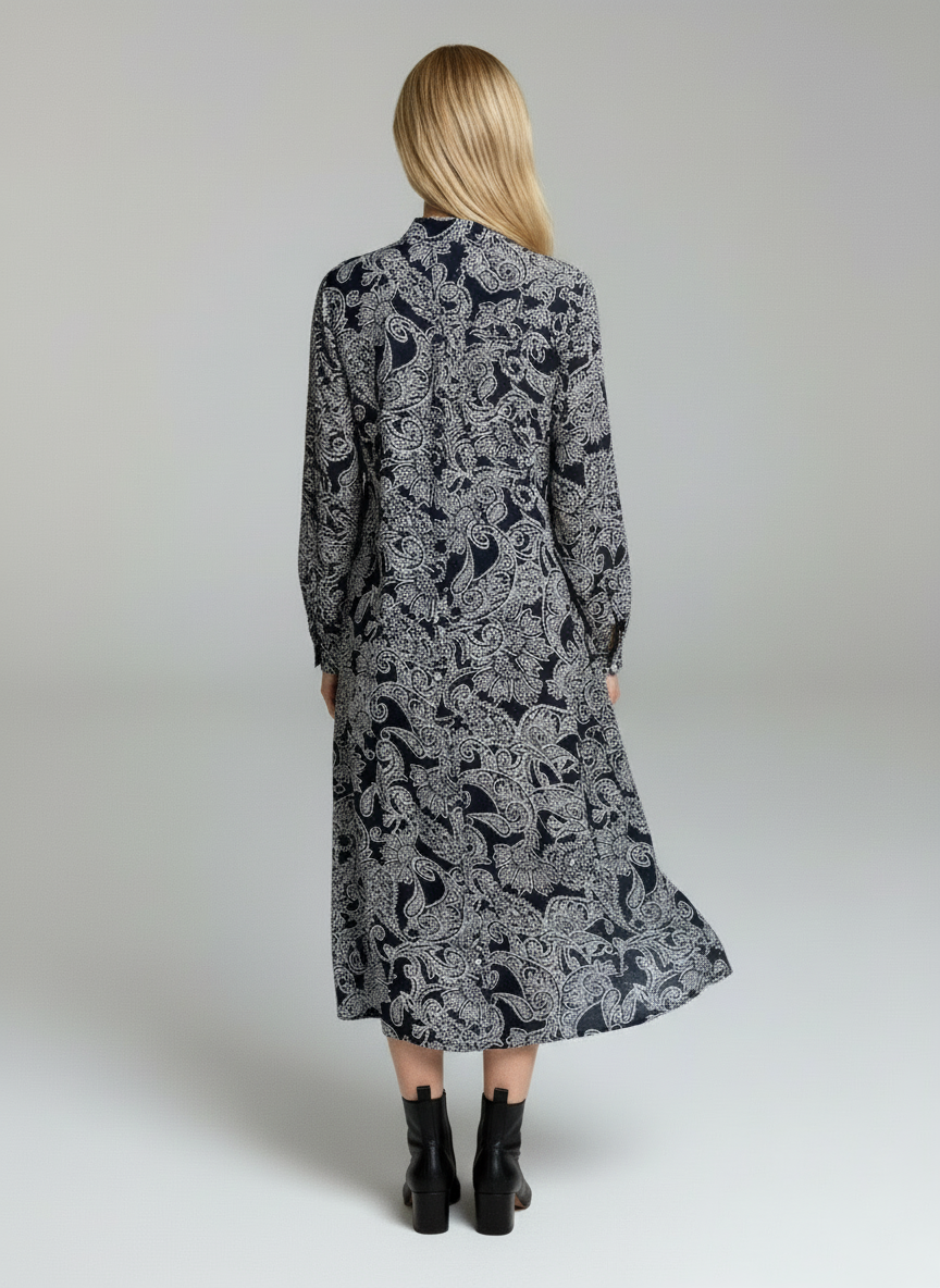 Elegant Black & White Paisley Print Midi Dress for Women – Long Sleeve Designer Dress