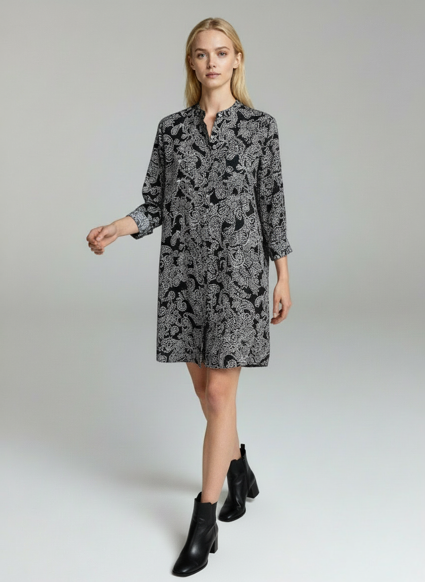 Elegant Black & White Paisley Print Midi Dress for Women – Long Sleeve Designer Dress