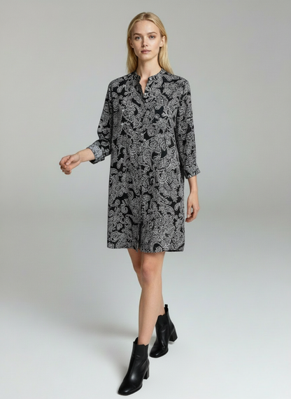 Elegant Black & White Paisley Print Midi Dress for Women – Long Sleeve Designer Dress