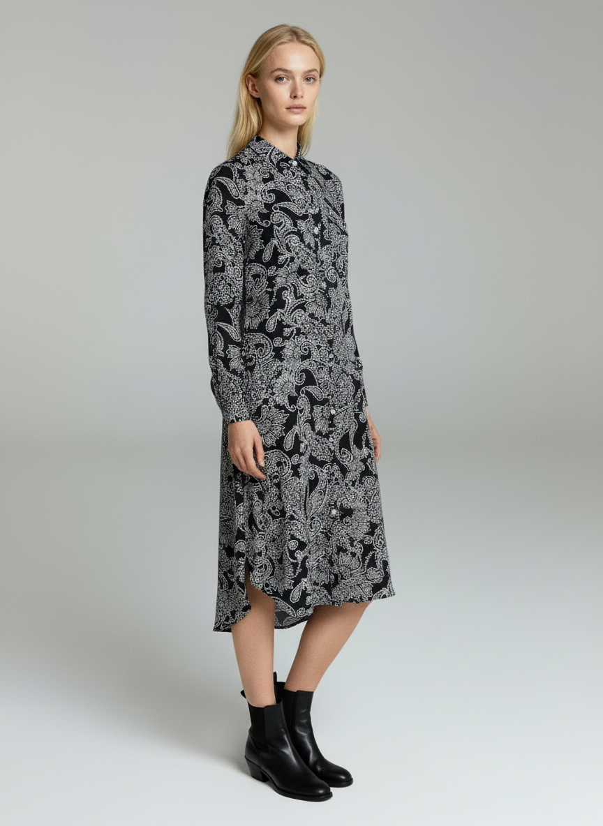 Elegant Black & White Paisley Print Midi Dress for Women – Long Sleeve Designer Dress
