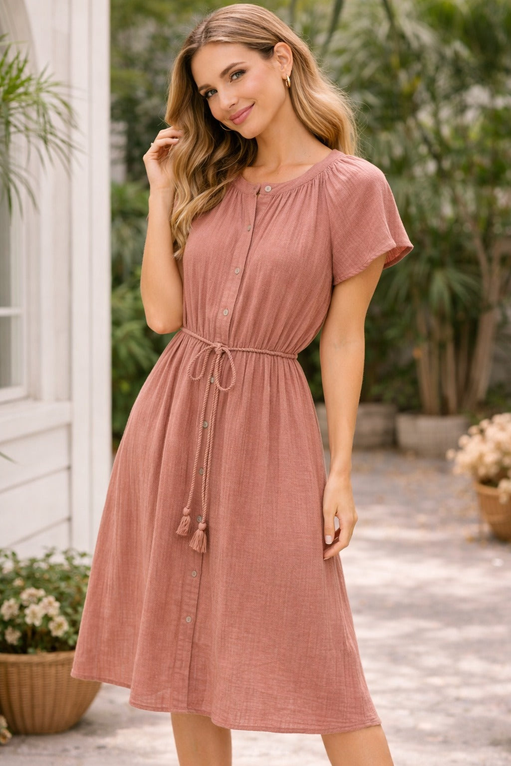 Women’s Dusty Rose Button-Down Midi Dress with Waist Tie – Casual Summer A-Line Dress