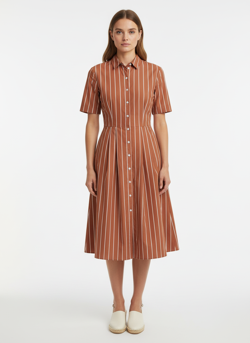 Women Brown Striped Shirt Midi Dress with Button-Down Front & Pleated Skirt