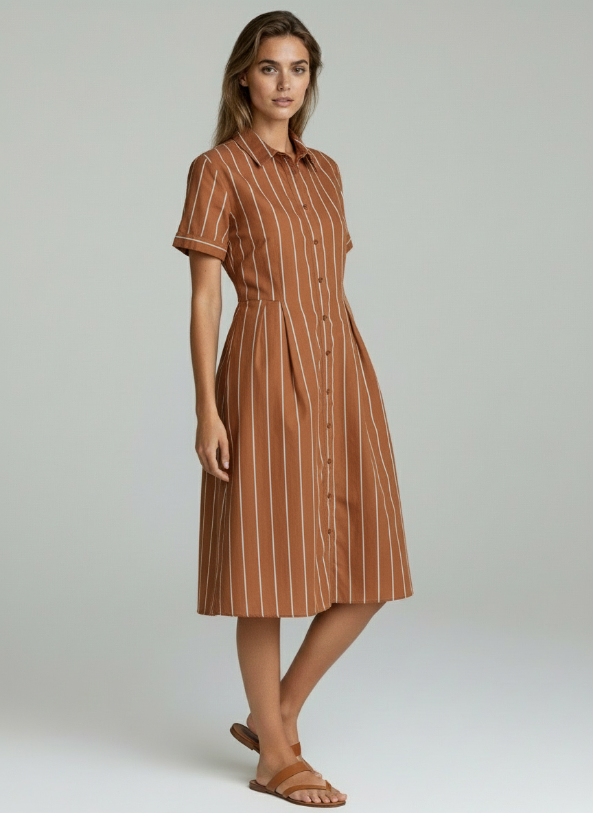 Women Brown Striped Shirt Midi Dress with Button-Down Front & Pleated Skirt
