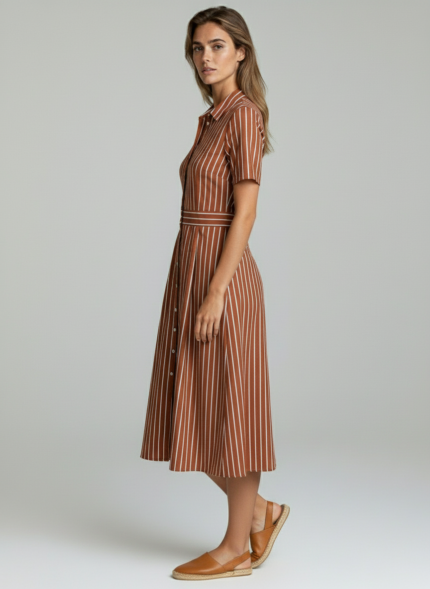 Women Brown Striped Shirt Midi Dress with Button-Down Front & Pleated Skirt
