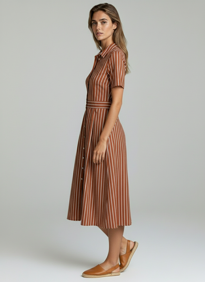 Women Brown Striped Shirt Midi Dress with Button-Down Front & Pleated Skirt