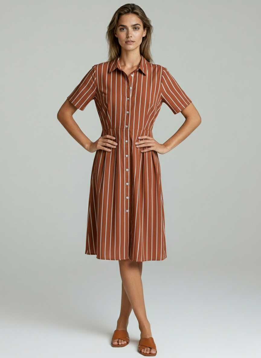 Women Brown Striped Shirt Midi Dress with Button-Down Front & Pleated Skirt