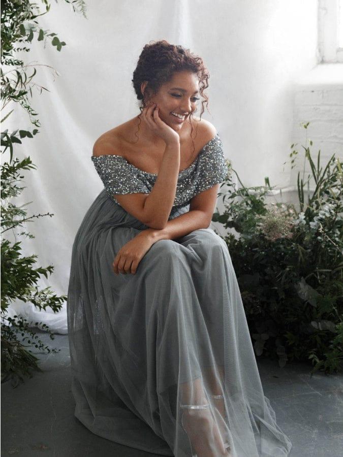 Elegant Off-Shoulder Sequin Bodice Tulle Maxi Dress – Party & Evening Gown for Women