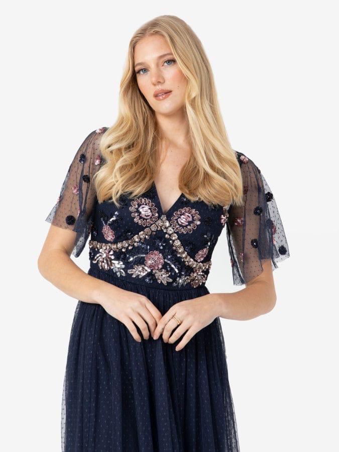 Elegant Navy Blue Embroidered Tulle Maxi Dress for Women