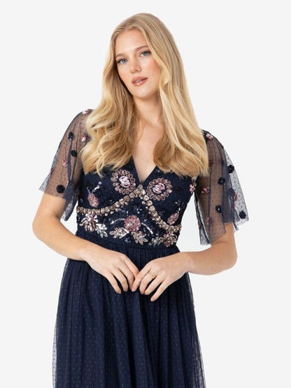 Elegant Navy Blue Embroidered Tulle Maxi Dress for Women