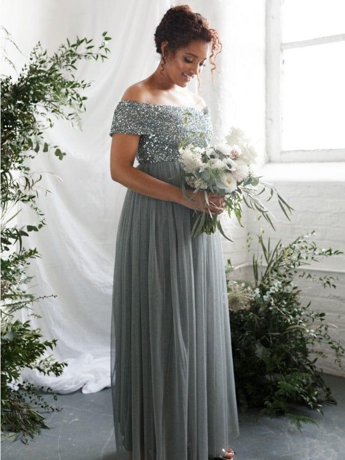 Elegant Off-Shoulder Sequin Bodice Tulle Maxi Dress – Party & Evening Gown for Women