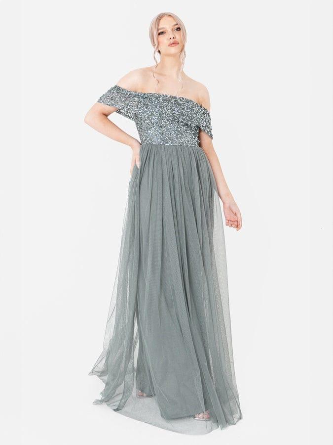 Elegant Off-Shoulder Sequin Bodice Tulle Maxi Dress – Party & Evening Gown for Women