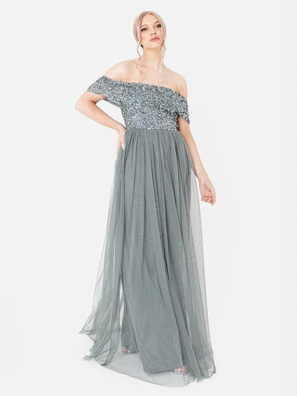 Elegant Off-Shoulder Sequin Bodice Tulle Maxi Dress – Party & Evening Gown for Women