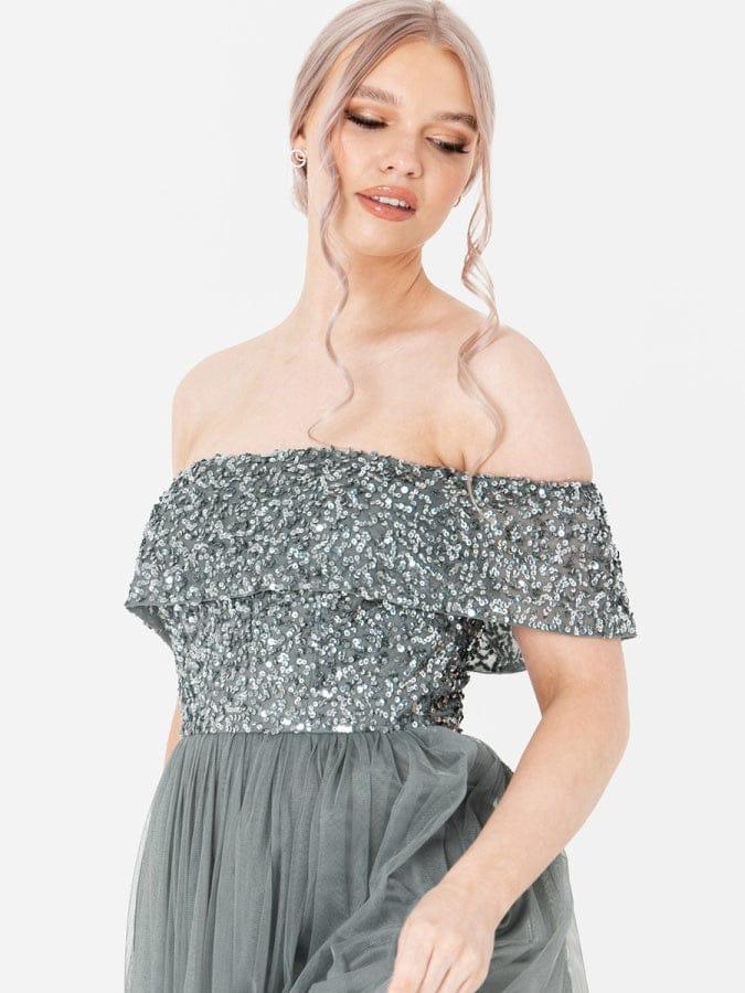 Elegant Off-Shoulder Sequin Bodice Tulle Maxi Dress – Party & Evening Gown for Women