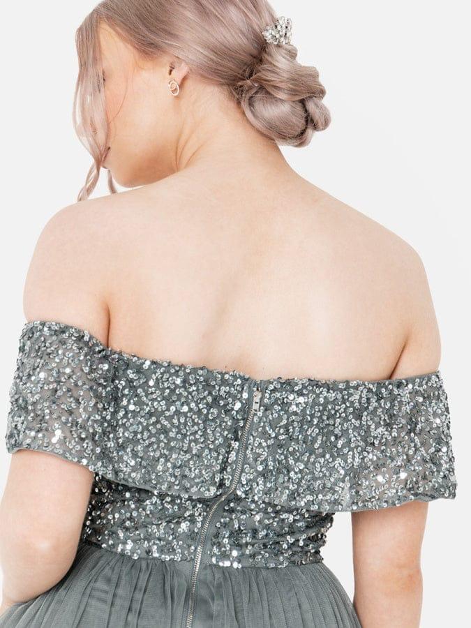 Elegant Off-Shoulder Sequin Bodice Tulle Maxi Dress – Party & Evening Gown for Women