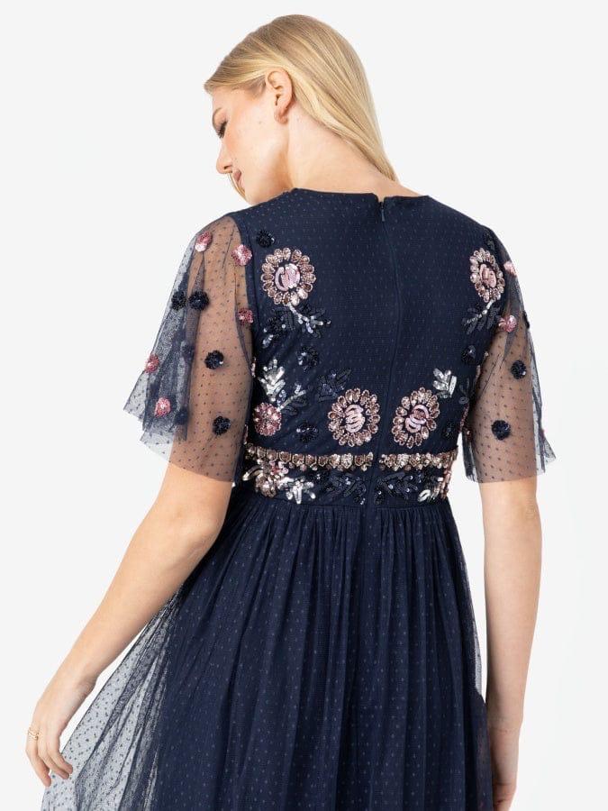 Elegant Navy Blue Embroidered Tulle Maxi Dress for Women
