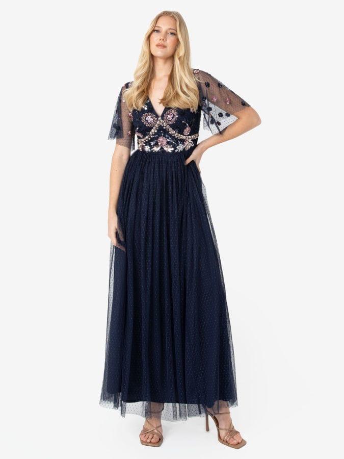 Elegant Navy Blue Embroidered Tulle Maxi Dress for Women