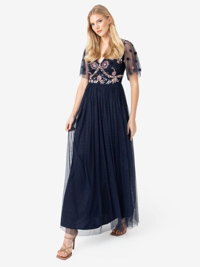 Elegant Navy Blue Embroidered Tulle Maxi Dress for Women