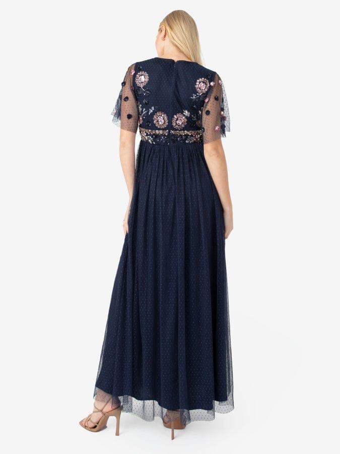 Elegant Navy Blue Embroidered Tulle Maxi Dress for Women