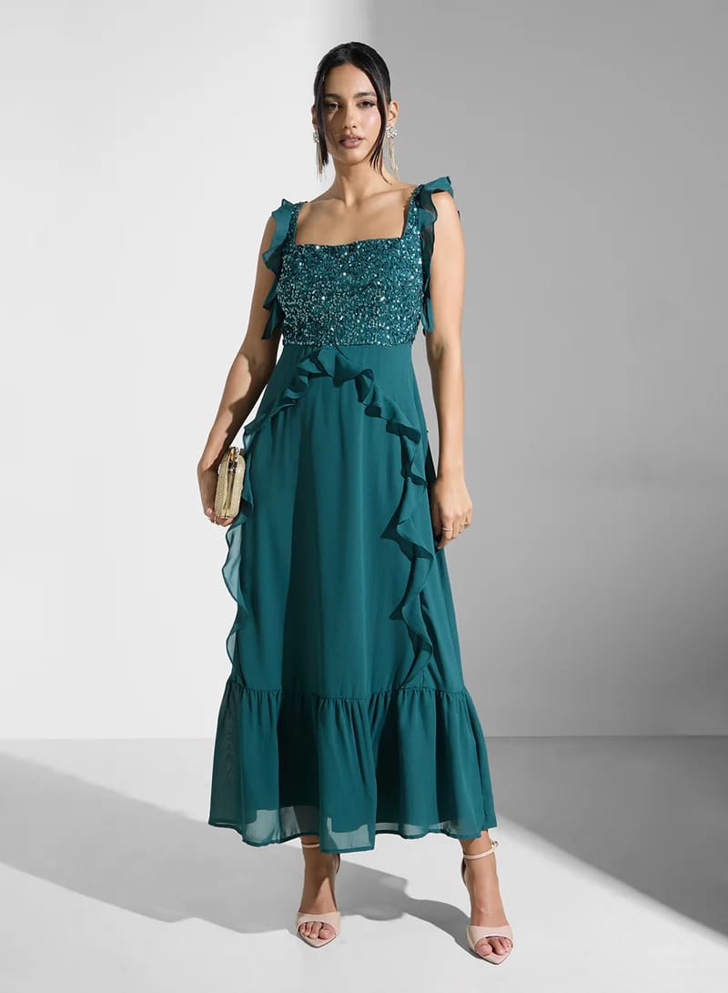 Women’s Emerald Green Sequin Ruffle Maxi Dress – Elegant Party & Evening Wear