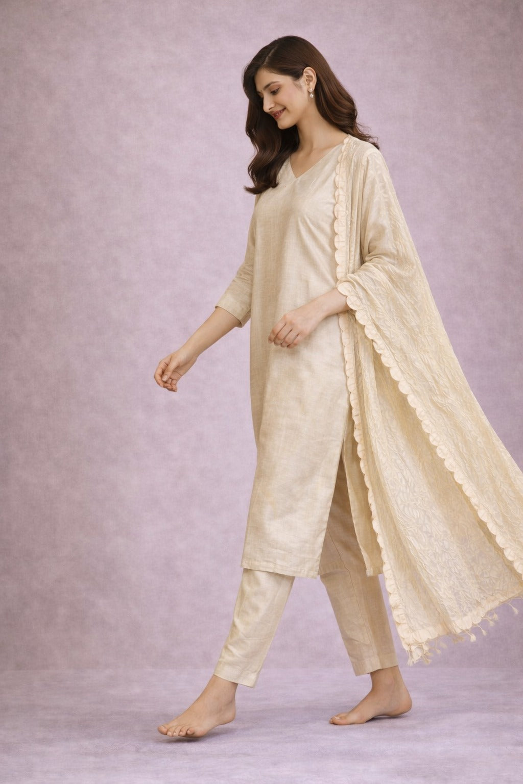 Elegant Beige Cotton Kurta Set with Dupatta & Botanical Print