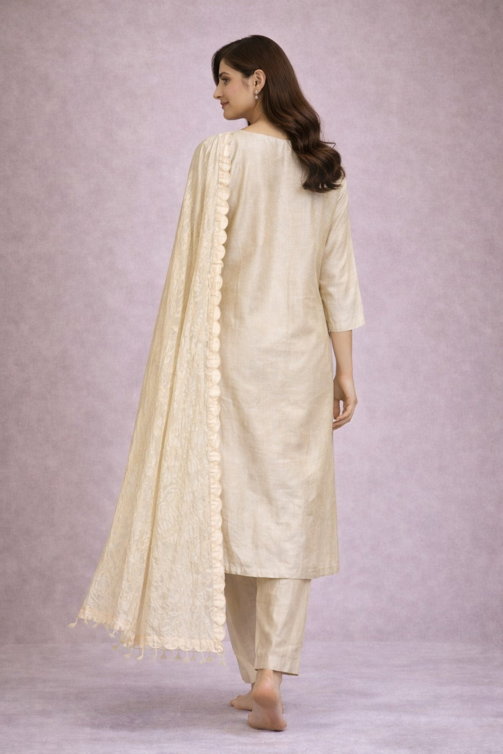 Elegant Beige Cotton Kurta Set with Dupatta & Botanical Print