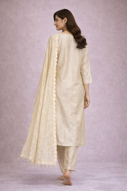 Elegant Beige Cotton Kurta Set with Dupatta & Botanical Print