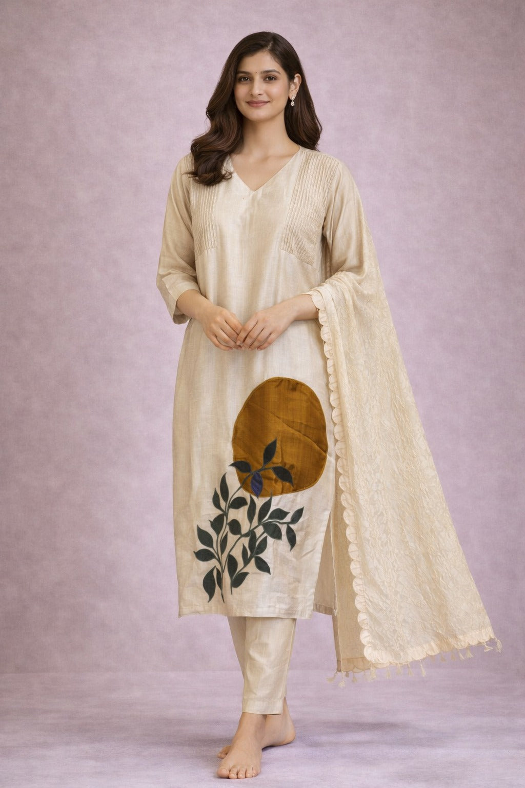 Elegant Beige Cotton Kurta Set with Dupatta & Botanical Print