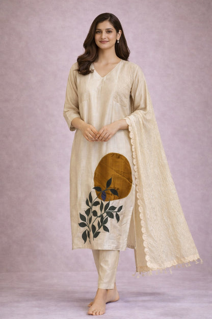 Elegant Beige Cotton Kurta Set with Dupatta & Botanical Print