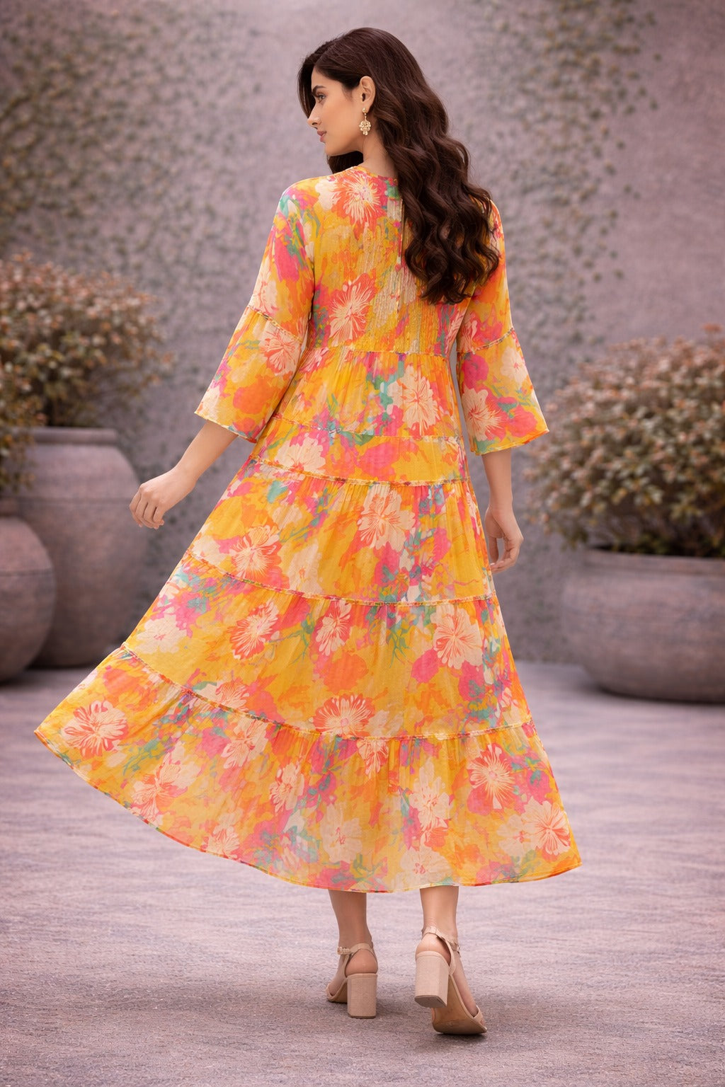 Sunshine Bloom Floral Tiered Midi Dress for Women