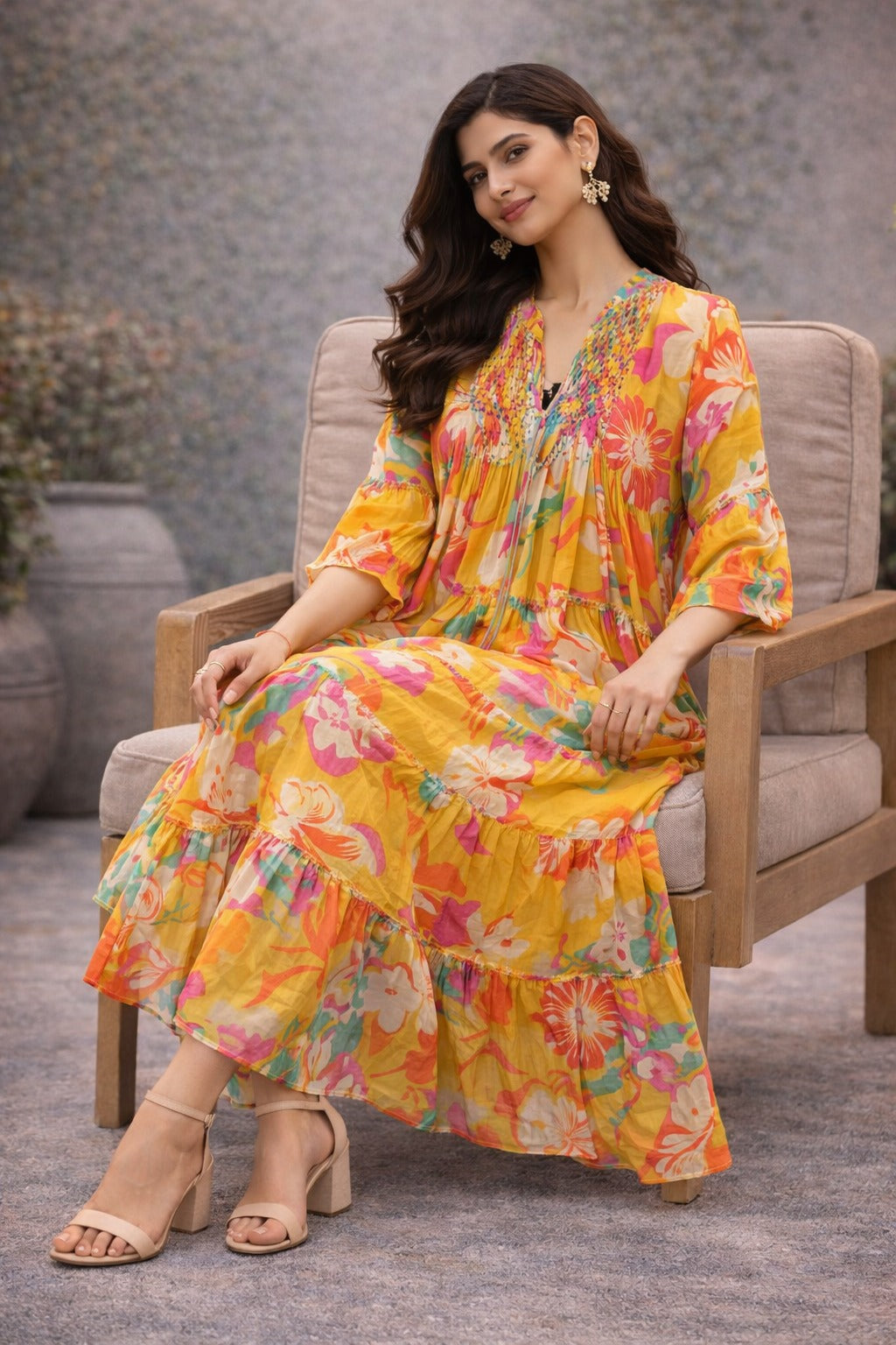 Sunshine Bloom Floral Tiered Midi Dress for Women