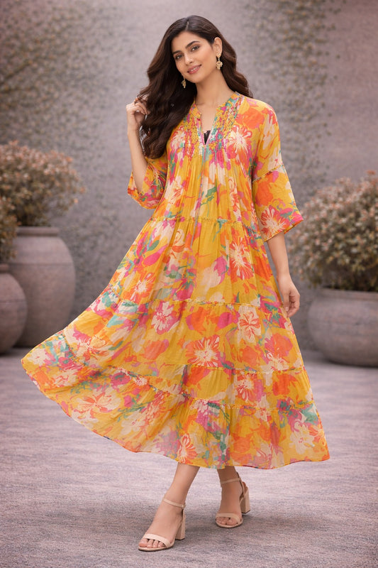 Sunshine Bloom Floral Tiered Midi Dress for Women