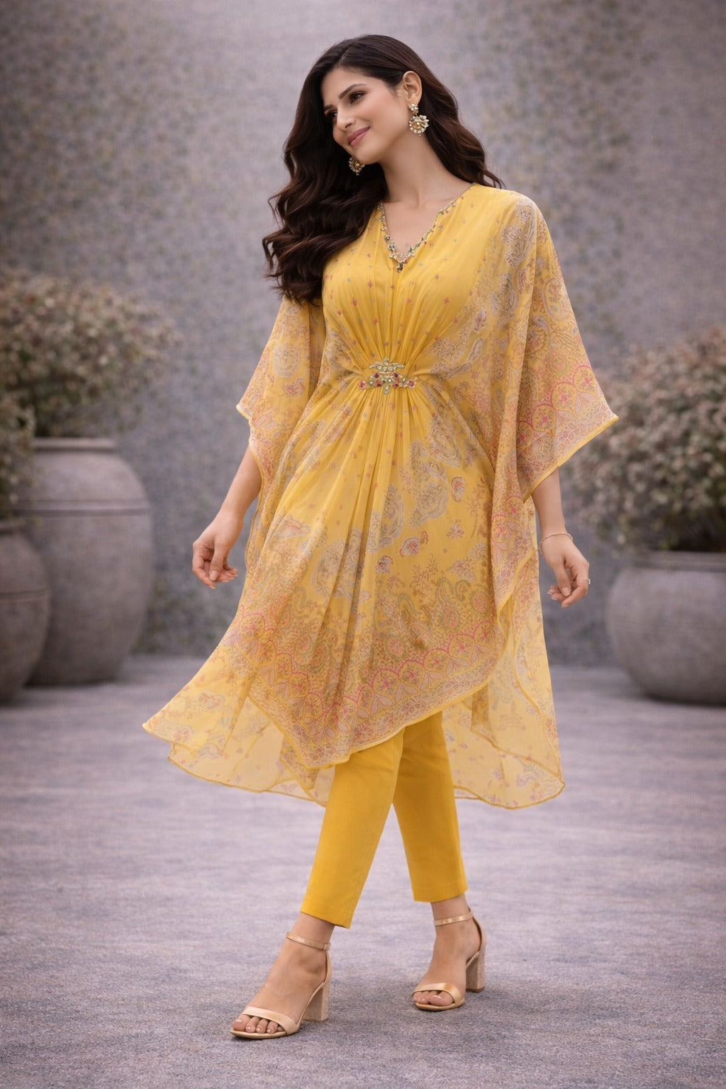 Elegant Mustard Yellow Printed Kaftan Kurta Set for Women