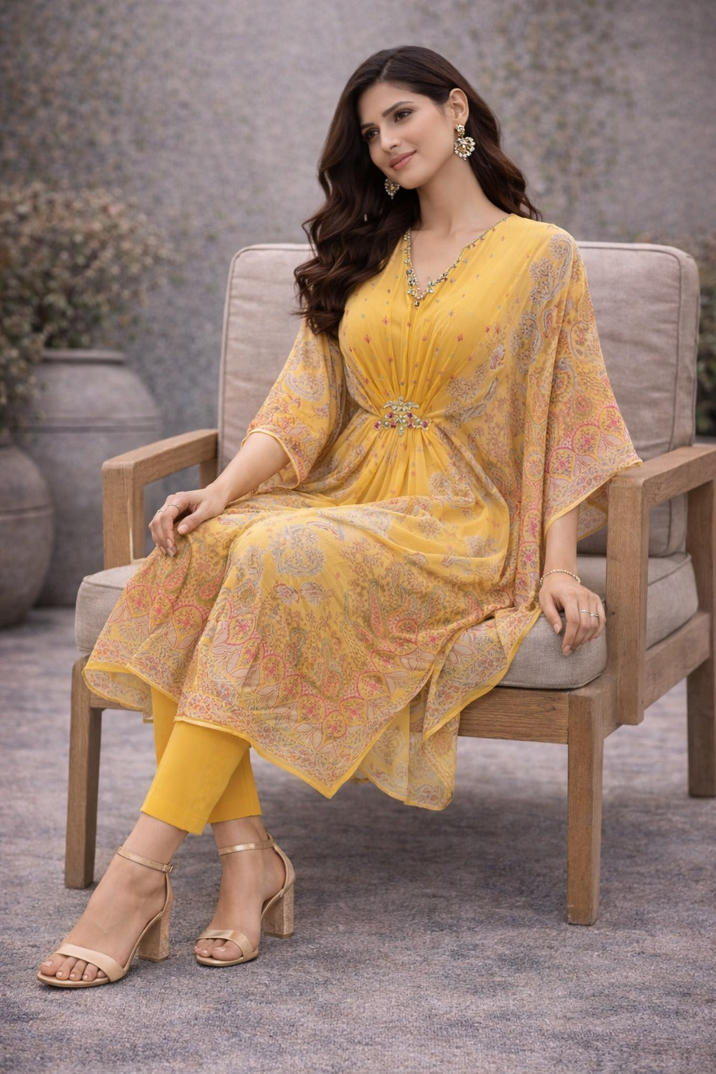 Elegant Mustard Yellow Printed Kaftan Kurta Set for Women