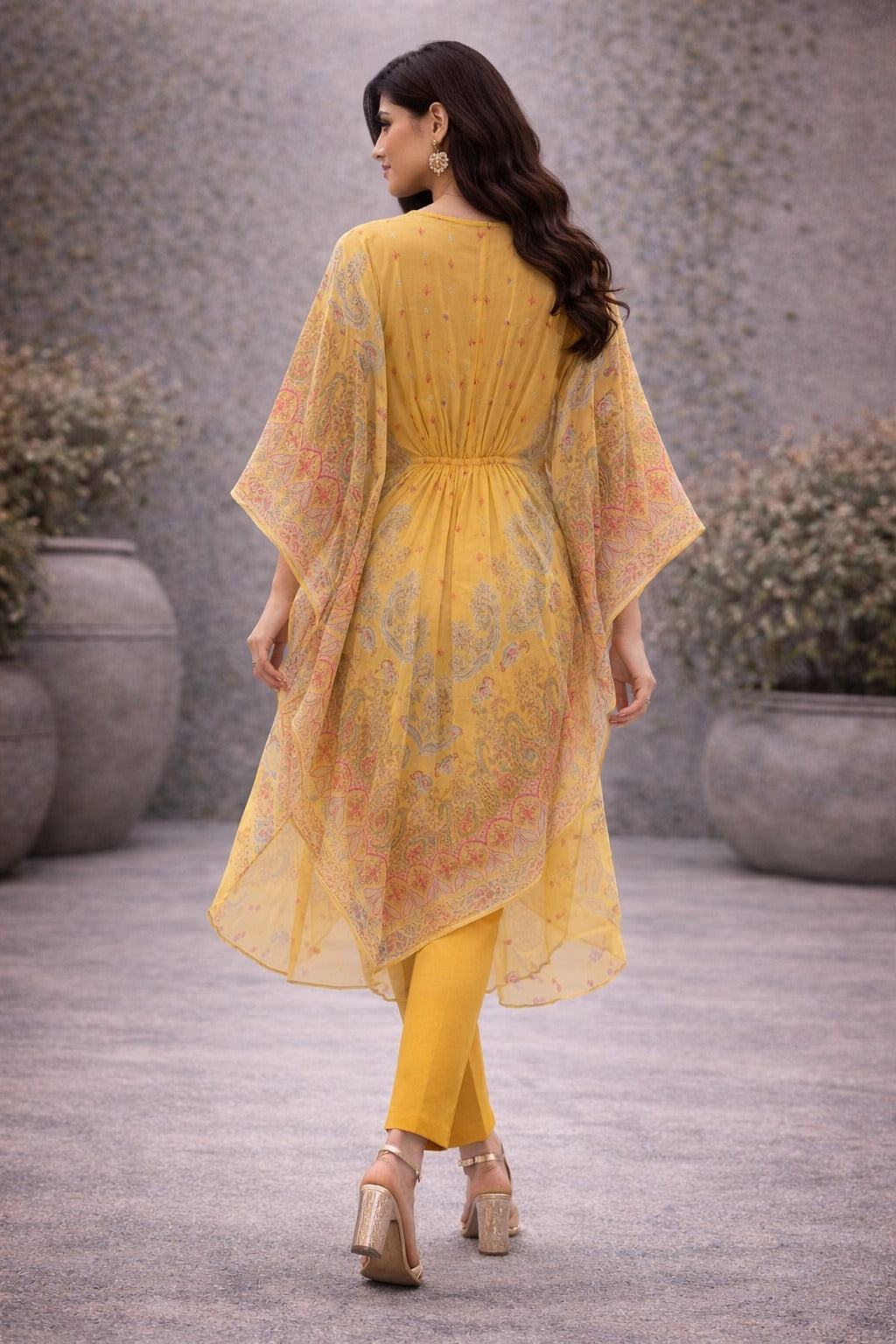 Elegant Mustard Yellow Printed Kaftan Kurta Set for Women
