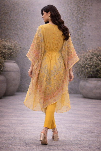 Elegant Mustard Yellow Printed Kaftan Kurta Set for Women