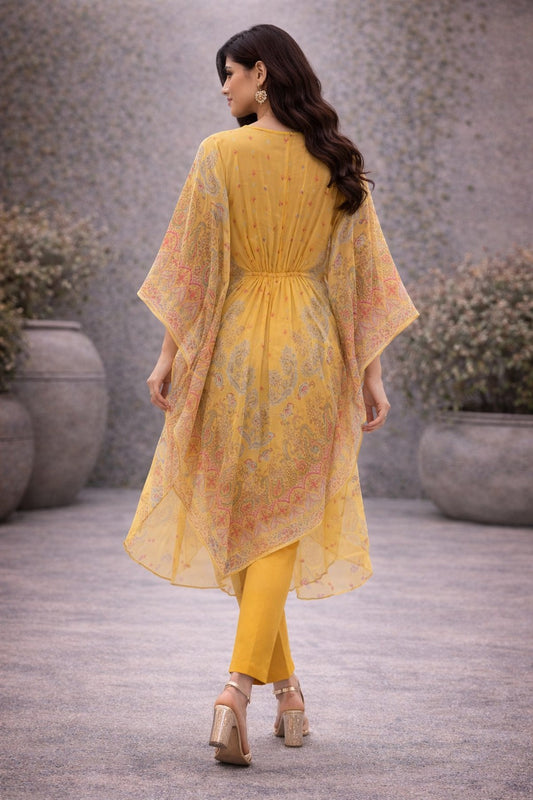 Elegant Mustard Yellow Printed Kaftan Kurta Set for Women